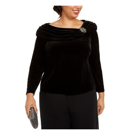 ALEX EVENINGS Womens Black Embellished Velvet Long Sleeve Jewel Neck Evening Top Plus 1X