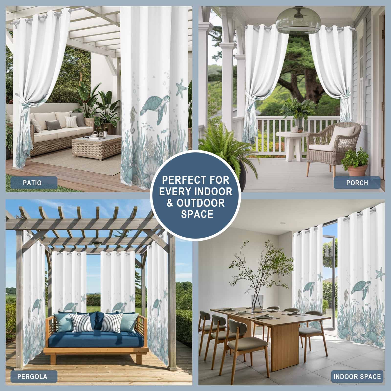 Summer Marine Life Outdoor Curtains for Patio, Nautical Starfish Ocean Seahorse Sea Turtle Coastal Sunshade Privacy Drapes Grommet Waterproof Outside Curtains for Porch Balcony 54"x108", 1 Panel