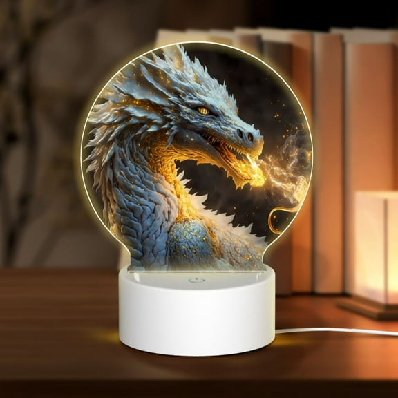 Daiia Golden White Fire Dragon Pattern Acrylic Night Light, LED Touch Light, Bedroom Night Light, Soft Glowing Lamp Perfect Gift for Mother's Day, Birthday, or Christmas
