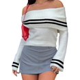 thumbnail image 5 of Womens Off One Shoulder Sweater Tops Summer Long Sleeve Stripe Casual Loose Knit Trendy Going Out Tops White S, 5 of 10