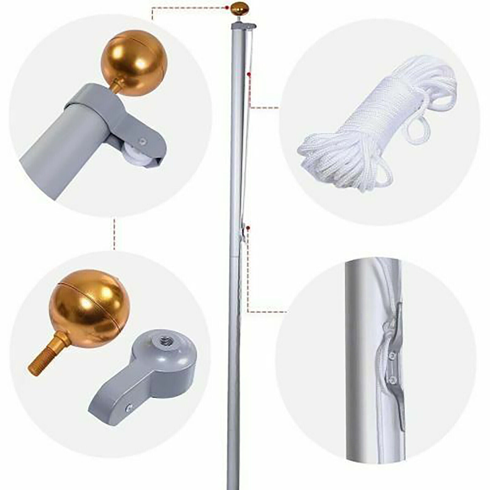20 ft Aluminum Flag Pole Sectional Flagpole Kit Heavy Duty 3'x5' US Flag, Silvery