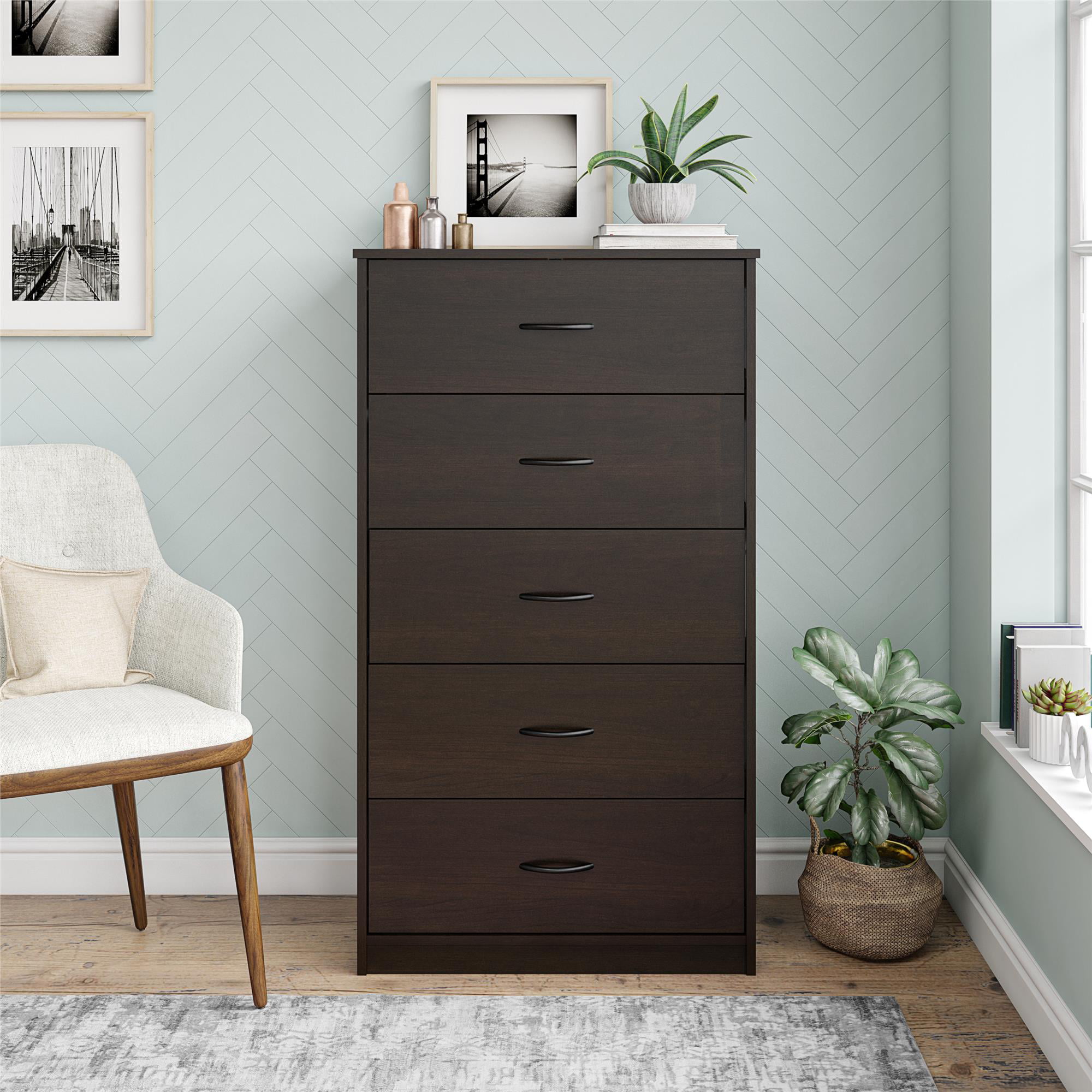 5 Drawer Dresser Chest Clothes Storage Modern Bedroom Cabinet Wood