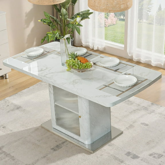 MDQMD Modern Extendable Dining Table with Glass Door for Kitchen,White Marble Top with Storage,47.24''Rectangle Table for Home