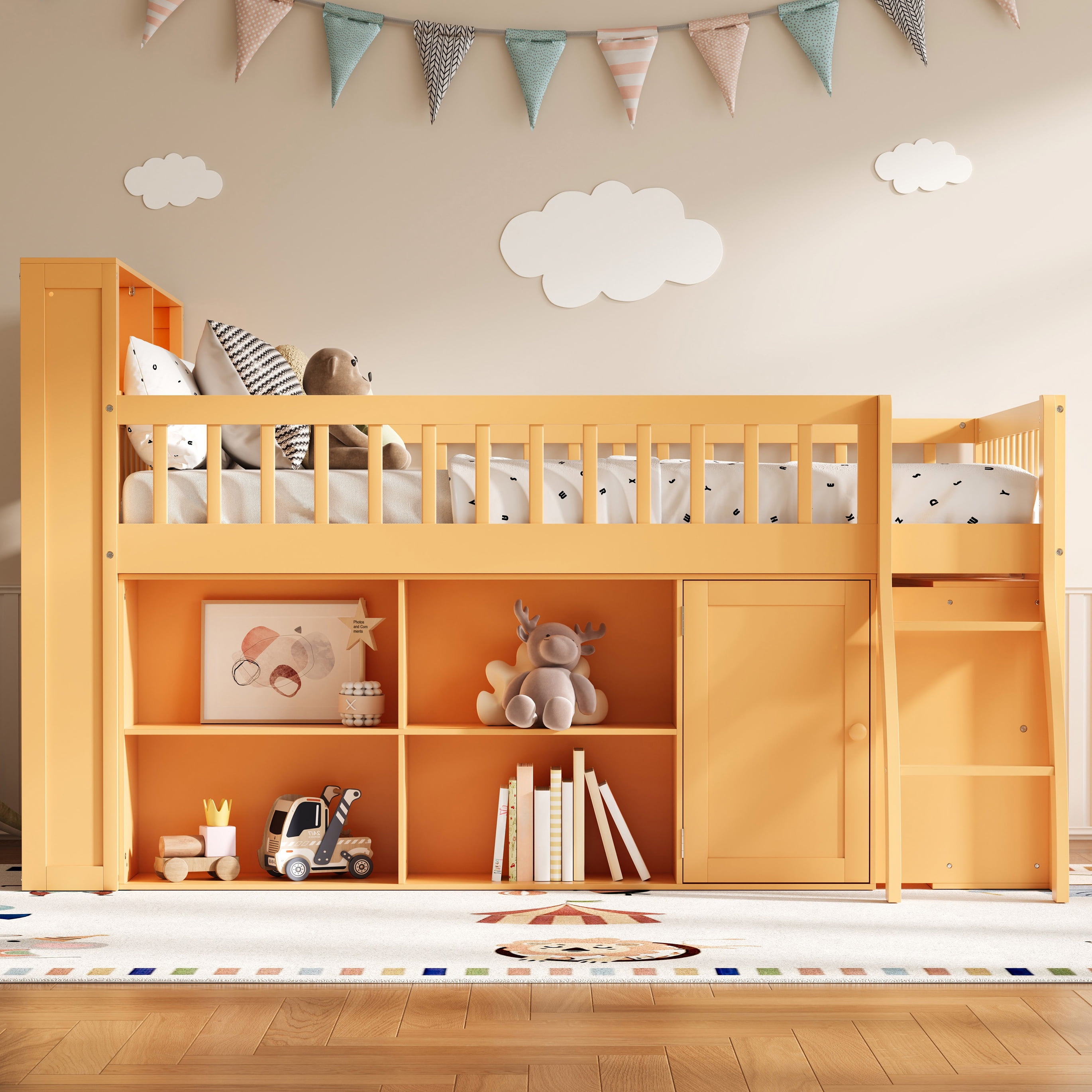 Euroco Wood Full Size Loft Bed with Storage Shelves and LED Light, Natural