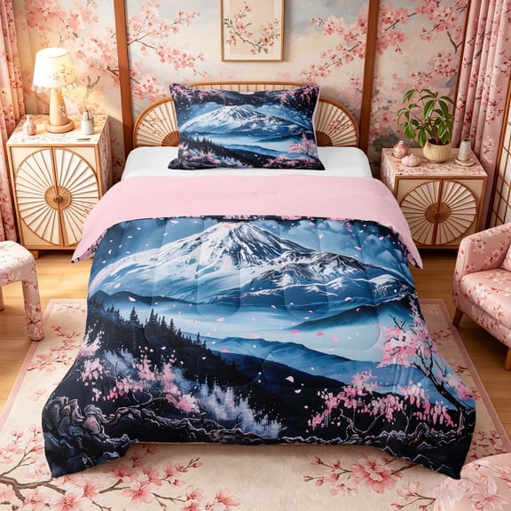 Manfei Art Fuji Twin Comforter Sets for Home, Moon Cherry Bedding Set for Office, Blue Pink White, Pink Reversible 2 Pieces, 1 Comforter and 1 Pillowcase