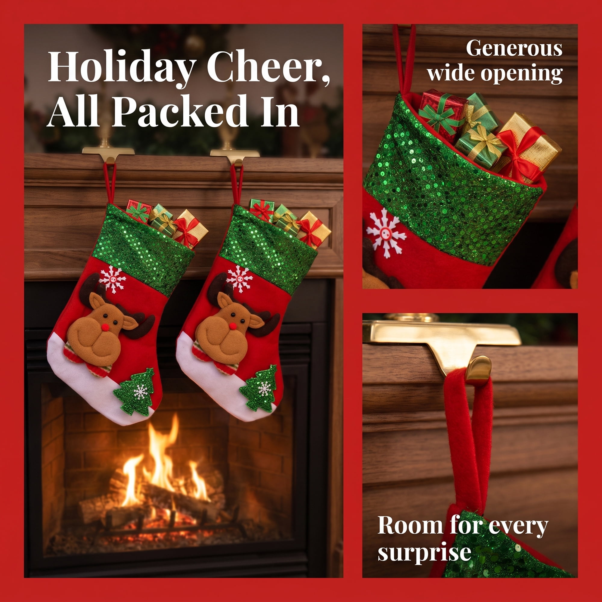 Unique Bargains Christmas Sequins Cuff Felt Xmas Stocking Holiday Gift Bag Deer 10"