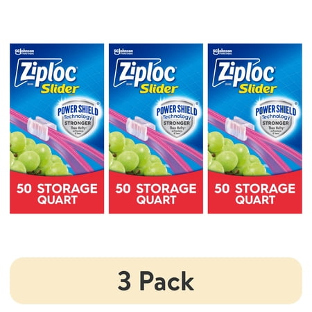 (3 pack) Ziploc Brand Slider Quart Food Storage Bags, School Supplies, with Power Shield Technology, Zipper, 50 Count