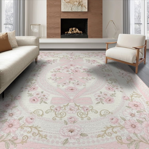 ODIKA 8'x10' Washable Area Rug Bathroom Delicate Border Scroll Ribbon Detail Rectangular Oushak for King Size Bedroom Under Bed, Master Suite, Non-Shedding, Easy Care