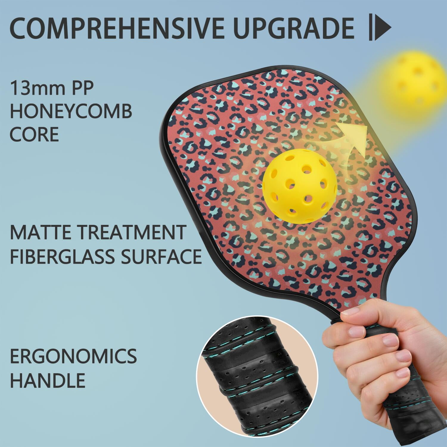 Pickleball Paddles Set Of 1, Fiberglass Surface, Animal, Leopard Print, 1 Paddle, 2 Balls & Bag