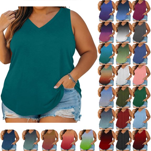 Summer Womens Tops 2026 Fashion Plus Size Casual Comfortable Solid Color Sleeveless V-Neck Blouse Tank Tops