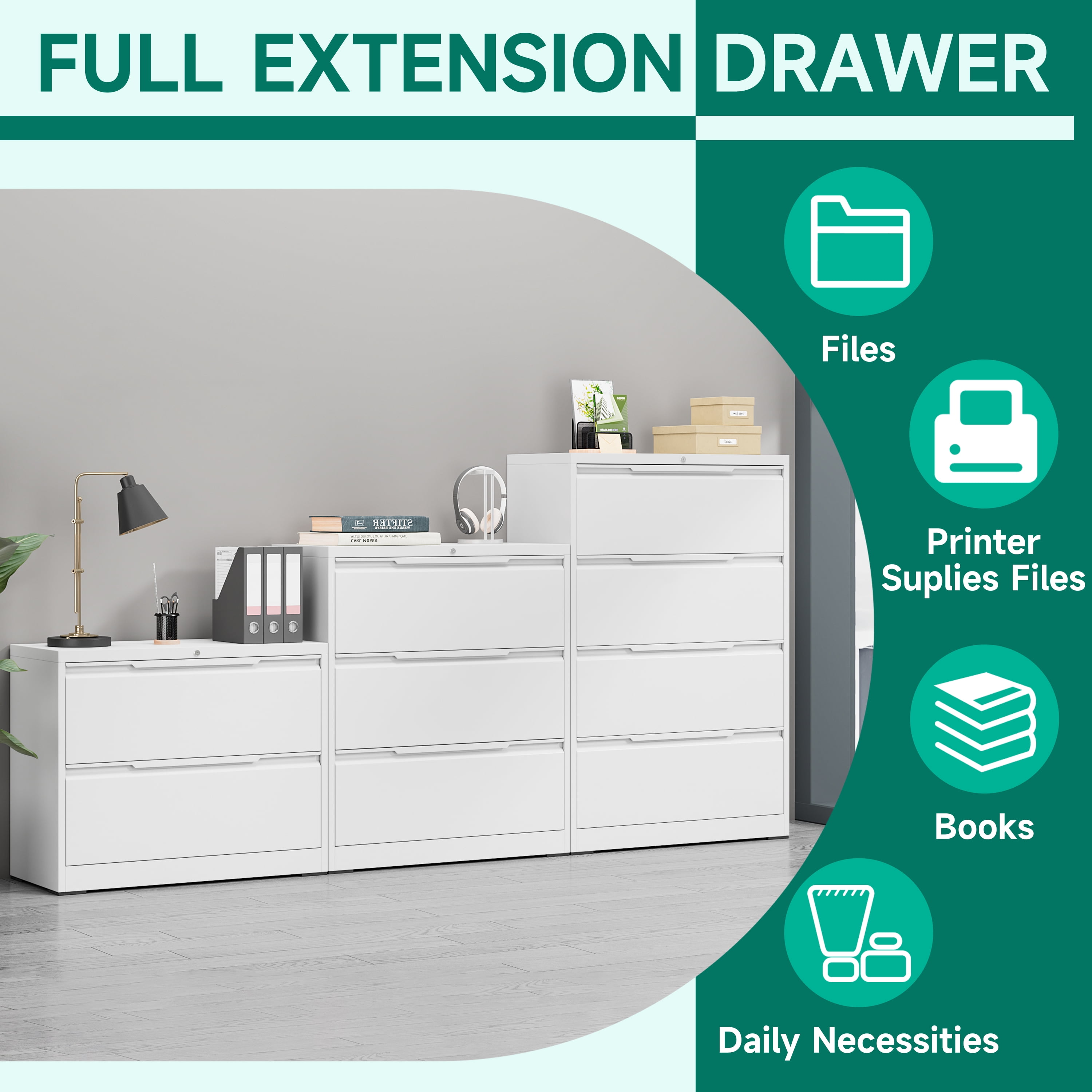 Kooyon 4 Drawer White Lockable Lateral File Cabinet, Metal Home Office Filing Cabinet, Fits A4/Letter/Legal -Assembly Required