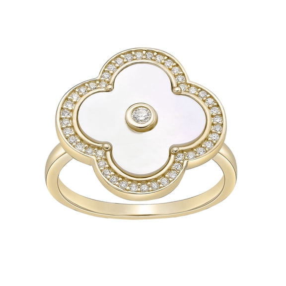 Yellow Gold Plated Sterling Silver Mother of Pearl Four Petal Flower Ring with Cubic Zirconia Halo Jewelry Gift for Women - Size 9