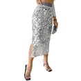 thumbnail image 2 of Sequin Skirt for Women High Waist Midi Skirt Sparkly Skirts for Night Out Cocktail Parties Silver Gray XXL, 2 of 9