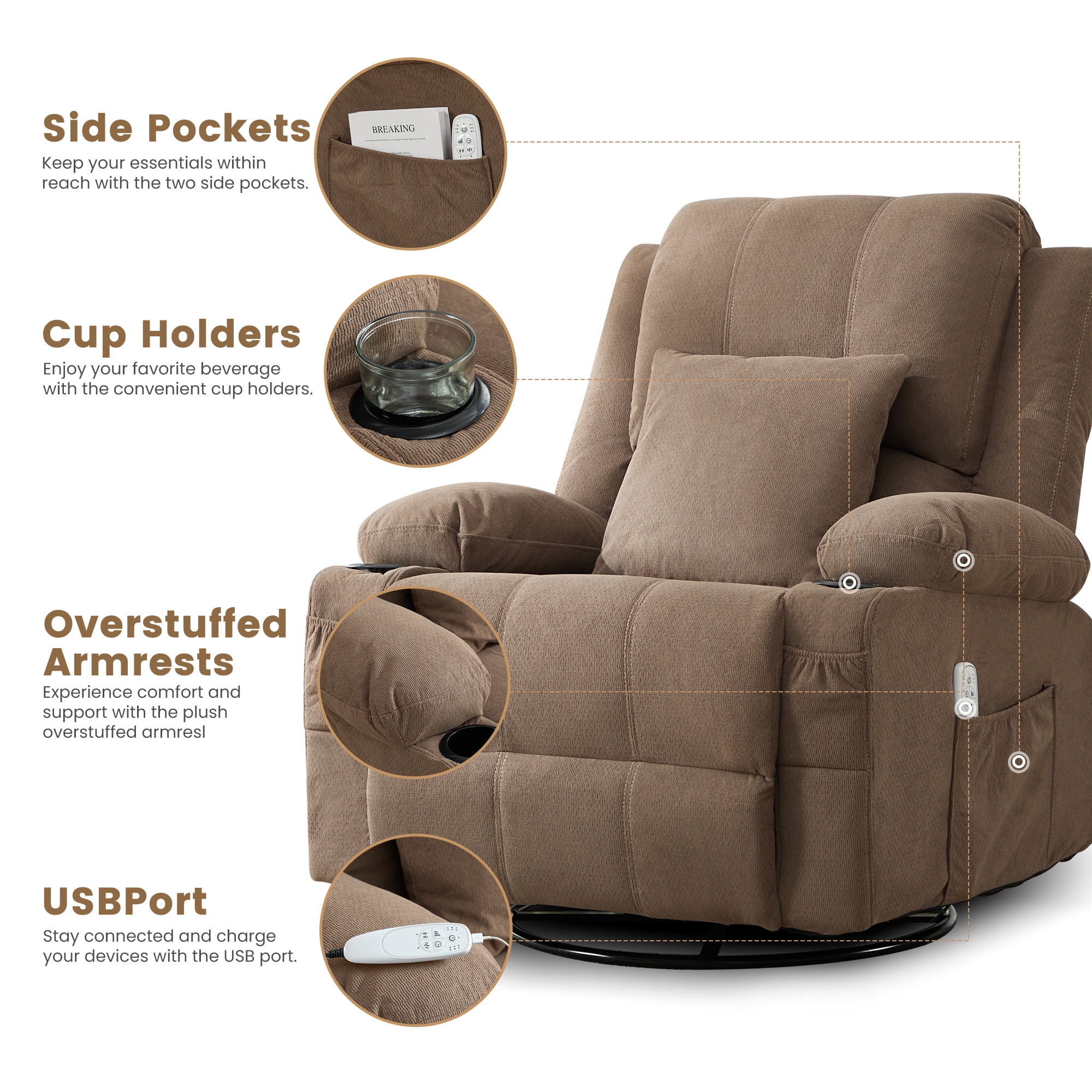 JONPONY Kneading Massage Rocker Recliner Chair with 4-Point 3D Kneading Massage and Heat Ergonomic Lounge Chair for Living Room with Rocking Function and 2 Cup Holders, USB Charge Port,Brown