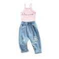 thumbnail image 2 of Franhais 2 Pcs Toddler Casual Outfits, Girls Short Letter Print Halter Tank Tops + Ripped Jeans with Pockets, 2 of 6