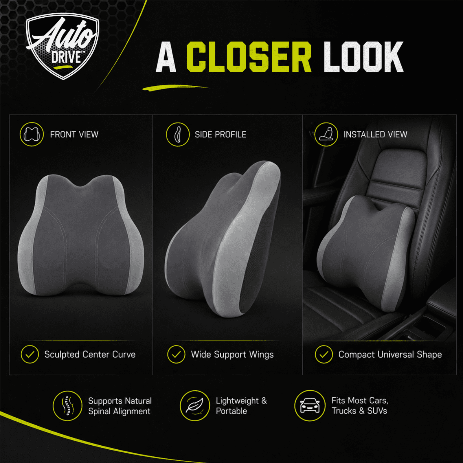Auto Drive Waterproof Lumbar Support Pillow, Ergonomic Back Support Pillow for Car Seat & Office Chair, Non-Slip Lumbar Cushion for Lower Back Support, Universal Fit, Black & Gray