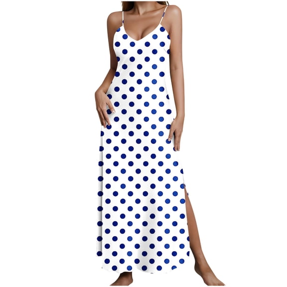 CHGBMOK Women Dresses Trendy Polka Dots Casual Long Dress Deep V Neck Sleeveless Spaghetti Strap Night Dress Side Slit Boho Dress Spring Summer