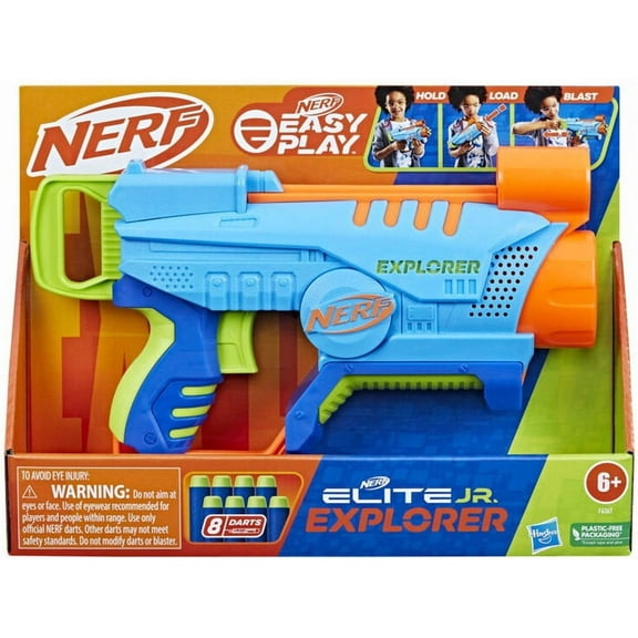 Nerf Elite Junior Explorer Easy-Play Toy Blaster, Easy Hold & Load & Blast, 8 Nerf Elite Darts