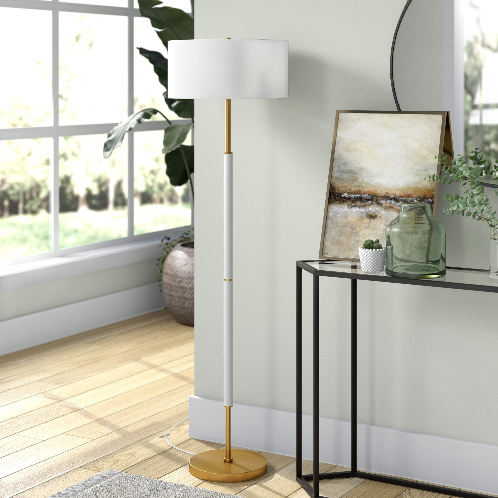 Evelyn&Zoe Simone 2-Light Floor Lamp with Fabric Shade, Rustic Oak/Brass/White