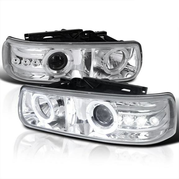 Spec-D Tuning Dual Halo Rim Chrome Housing Clear Lens Projector LED Headlights Compatible with 1999-2002 Chevy Silverado, 2000-2006 Chevy Suburban/Tahoe, Left Right Pair Headlamps Assembly