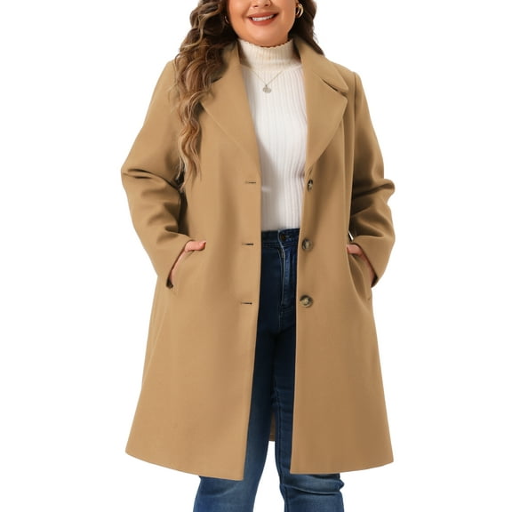 DARING DIVA Women's Plus Size Mid Length Notch Lapel Pea Coat 1X Camel