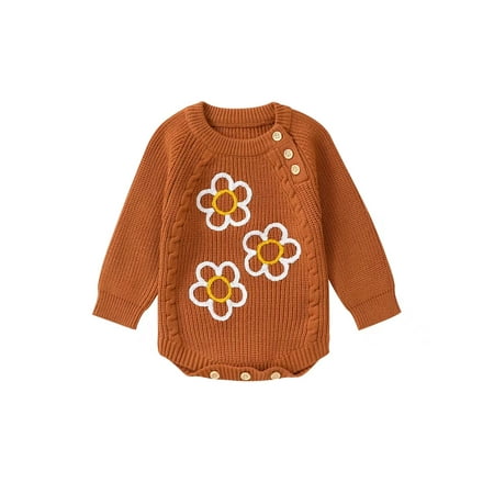 

Qtinghua Infant Baby Girls Sweater Romper Long Sleeve Floral Knit Bodysuit Fall Winter Clothes Light Brown 9-12 Months