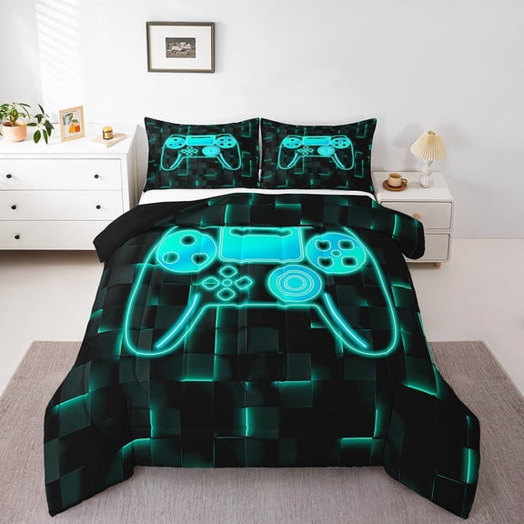 Erosebridal Boys Gamepads Bedding Twin Comforter Set,Video Game Down Comforter,Geometric Plaid Bedding Sets Twin with Comforter,Super Cozy Buffalo Bedroom Decorative,Reversible,3pcs