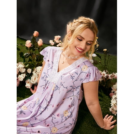 

Elegant Women s Plus Floral Print Contrast Lace Butterfly Sleeve Sleep Dress Lilac Purple 5XL(22) for Summer F220102Y