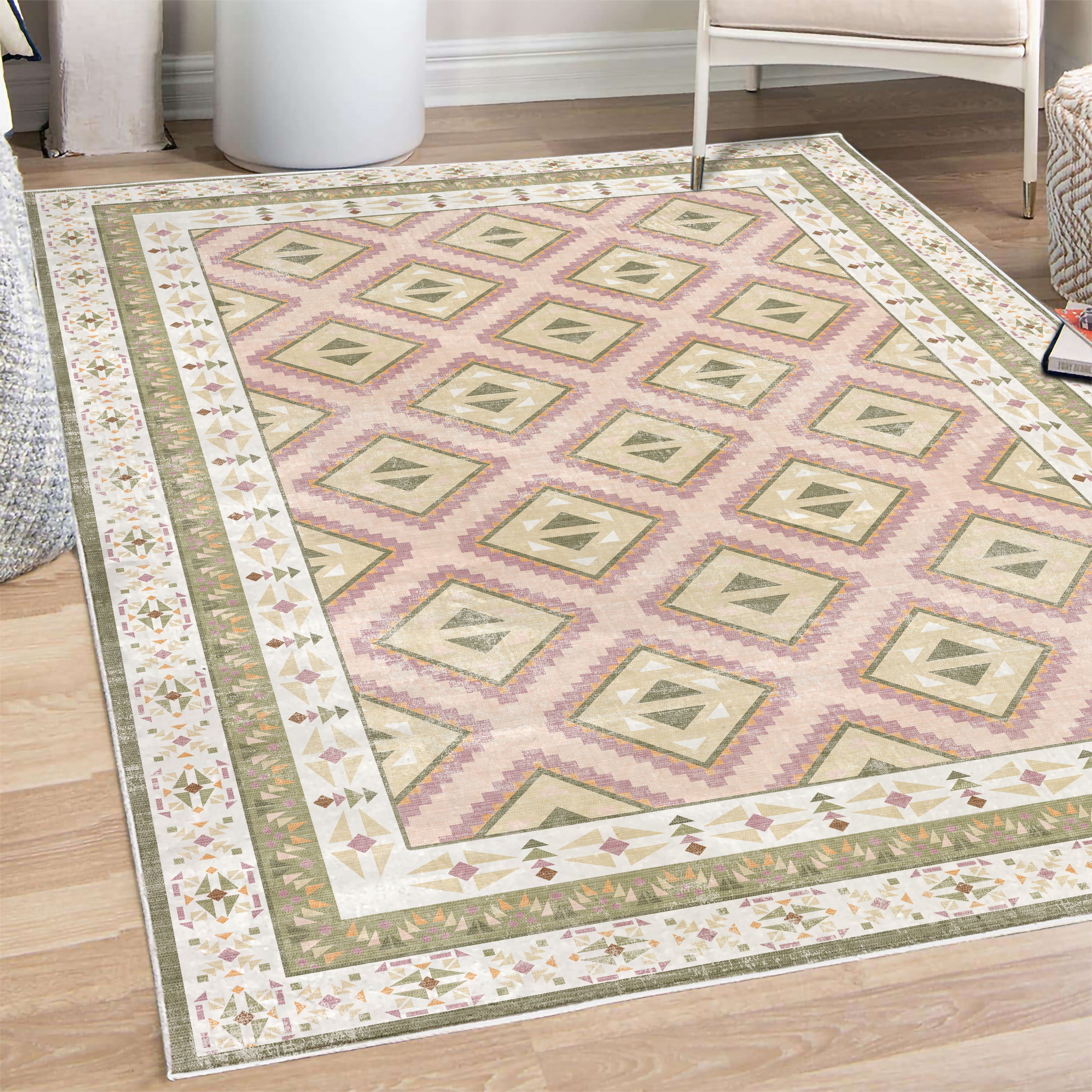Geometric Decorative Rug, Ethnic Rustic Zigzagged Squares Folkloric ...
