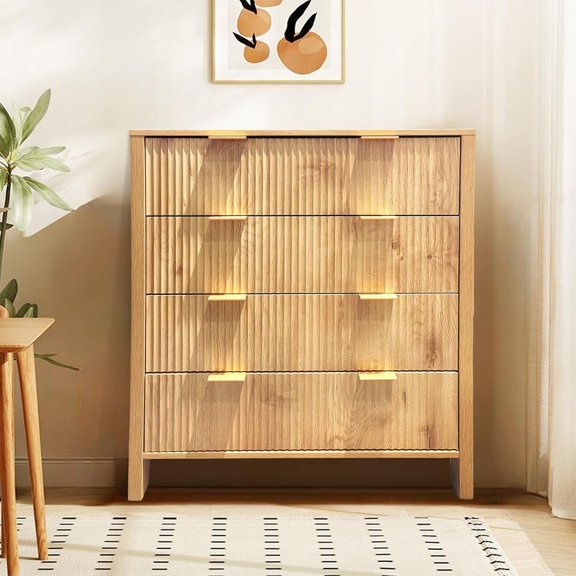 4 Drawer Dressers for Bedroom, Fluted Tall Dresser, Bedroom Chest of Drawers, Mid Century Modern Dresser for Bedroom Living Room Hallway Closet, Oak