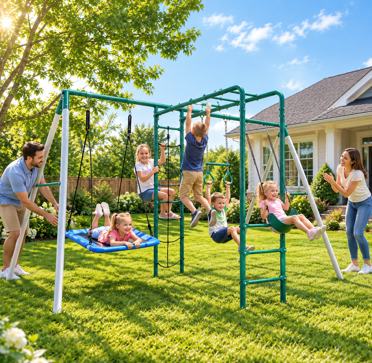 XDP Recreation Play All Day Metal Swing Set and Slide with Fun