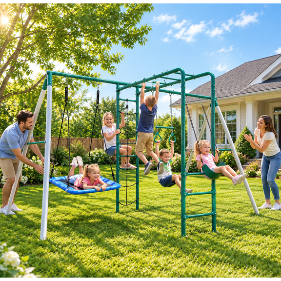 KloKick Heavy-Duty Metal Swing Set for Backyard, Outdoor Playset with Monkey Bars, Belt Swing, Platform Swing, Climbing Net, Trapeze Bar, for Kids 3-12