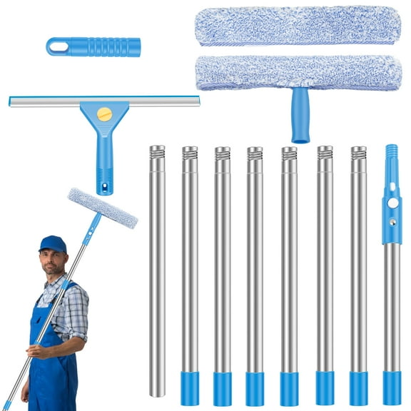 LINFANG Long Handle Window Cleaner Kit Adjustable Glass Cleaning Tool Set with Squeegee and Microfiber Scrubber for Home Office Car Window