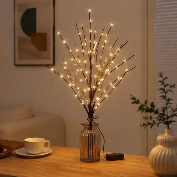 Lighted Birch Branches with 50 LED Lights, Artificial Flexible Twig Stems, Battery Operated Light Up Branches for Vase and Wedding Decor