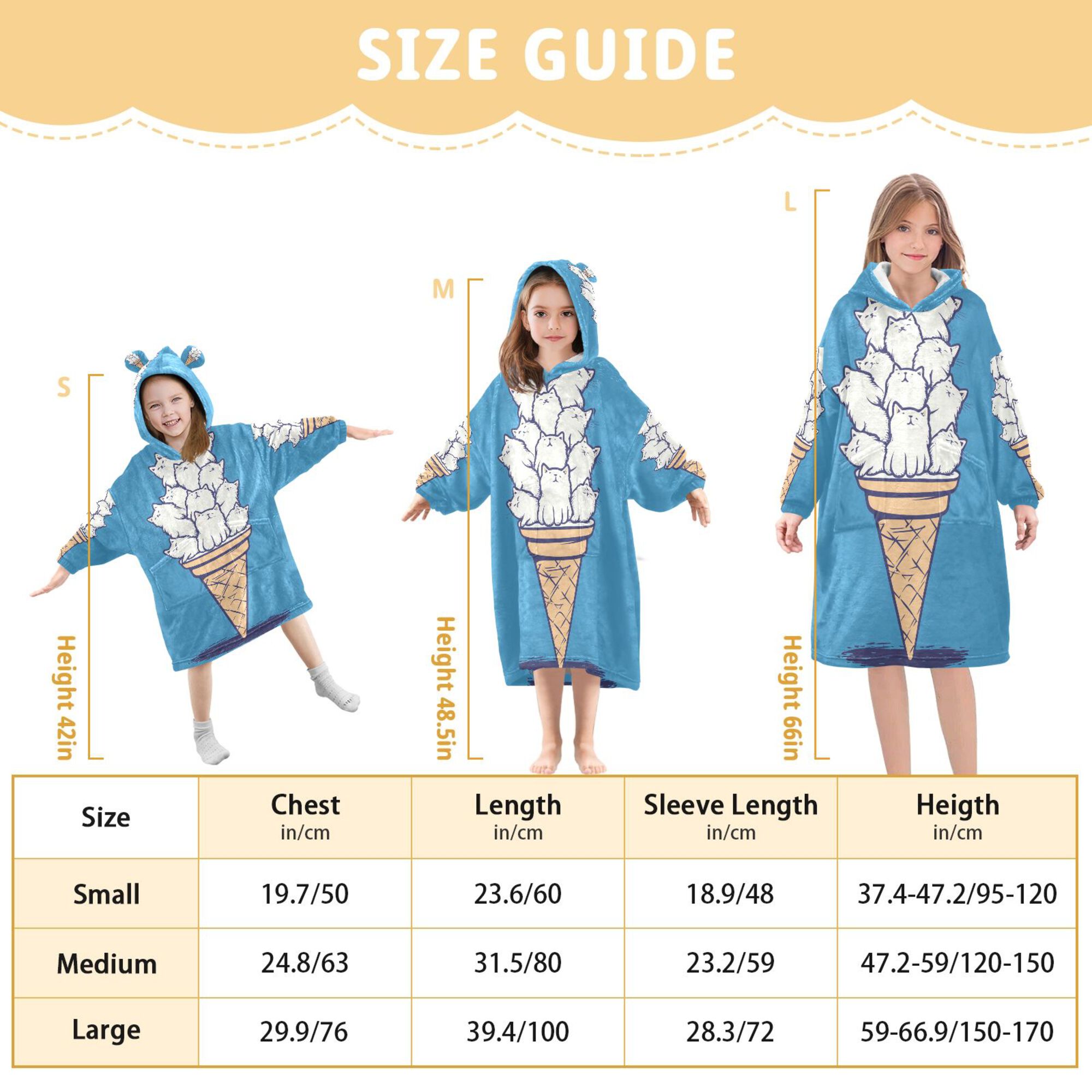 FORMRS Wearable Blanket Hoodie with Sleeves for Kids Cozy Flannel Sweatshirt, Ice Cream Cat