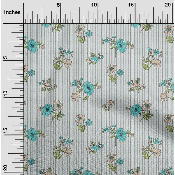 oneOone Silk Tabby Turquoise Blue Fabric Stripe|Leaves & Floral Artistic Sewing Material Print Fabric By The Yard 42 Inch Wide