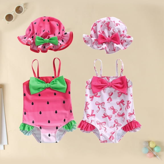 Xmyrz Toddler Swimsuit Girl 2 Piece Summer Bowknot Sun Protection Ruffle Onesie Bikini With Hat Girls Bathing Suit