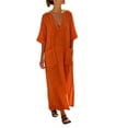 thumbnail image 5 of KHONTS Women's 3/4 Sleeve Summer Maxi Dress Plus Size Casual Linen Flowy Beach V-Neck Dress with Pockets Orange M, 5 of 9
