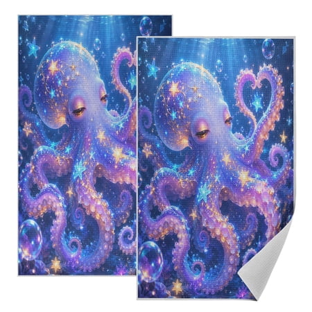 Wobogo Magical Octopus Waffle Weave Kitchen Towels 2 Pack Absorbent Microfiber Dish Towels Quick Dry Cleaning Cloth