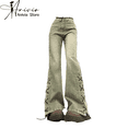 thumbnail image 1 of Pantalones vaqueros de cintura alta para mujer, ropa de calle Harajuku, moda Retro Y2K, diseño verde, pierna ancha, rectos, holgados, Y2K, 1 of 6