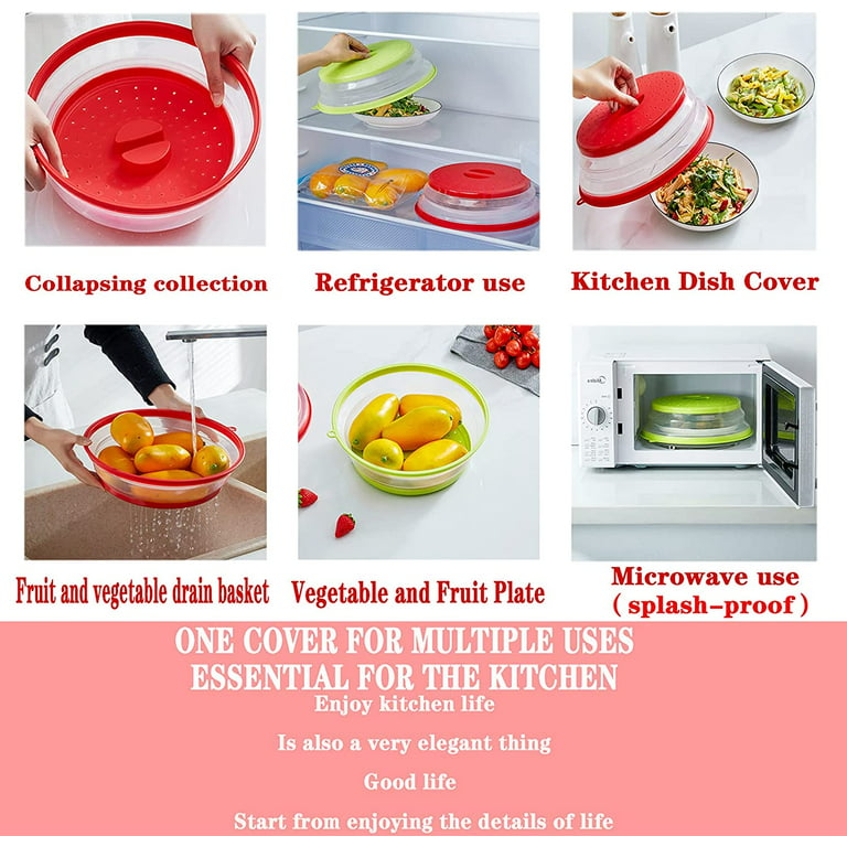 JTDEAL breathable foldable microwave splash-proof food tray cover with  easy-to-hold handle can be used for dishwasher cleaning, BPA-free silicone  and plastic, 10.43-inch round (red and green two-piece 