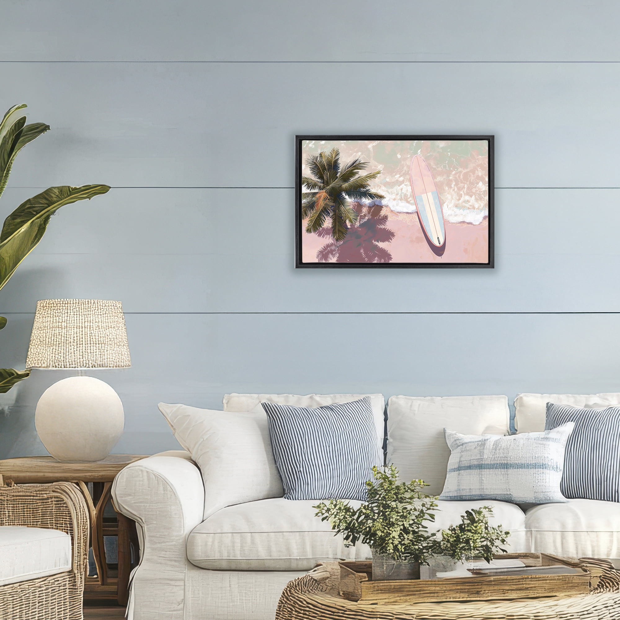 Stupell Industries Blush Pink Surfboard & Palm Black Framed Floater Canvas Wall Art, design by Jacky Ngan