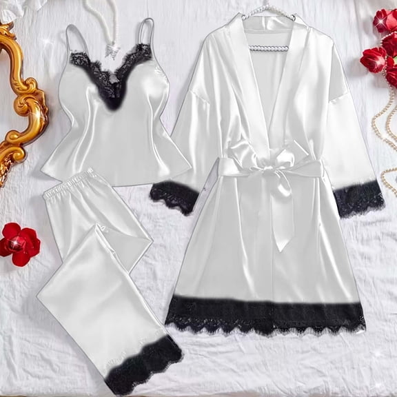 Womens 3 Piece Pajama Sets Plus Size Satin Sleepwear Lace Trim Sexy Loungewear Nightgowns Comfy for Women Casual Matching Pj Set