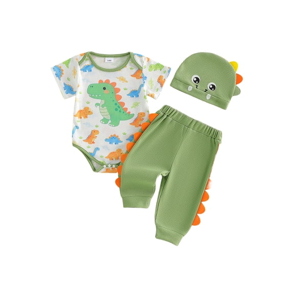 BemeyourBBs Newborn Baby Boy Dinosaur Outfit Infant Baby Boys Spring Summer Fall Clothes Dinosaur Print Short Sleeve Romper Long Pants and Hat 3Pcs Set