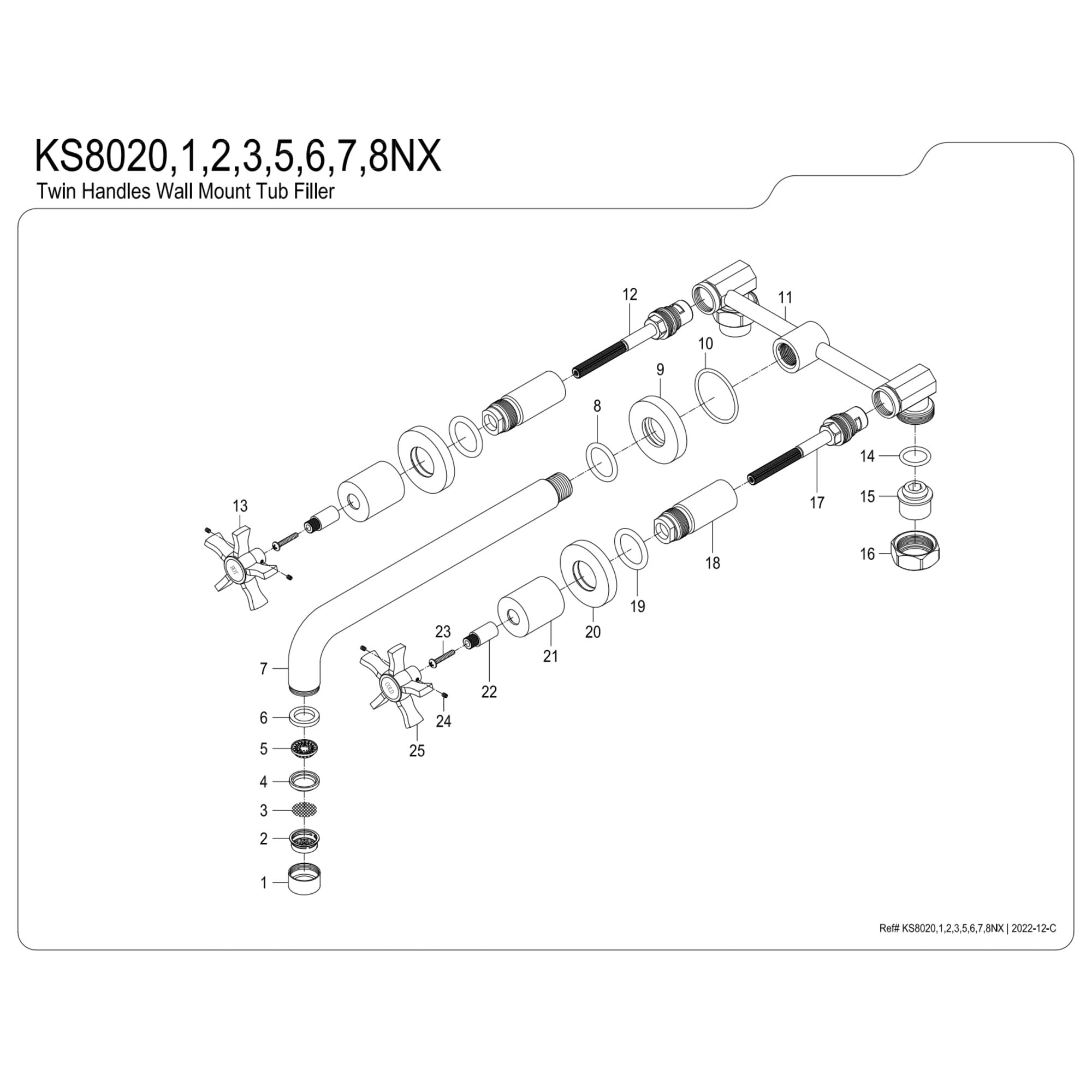 Kingston Brass KS8022NX Hamilton Two-Handle 3-Hole Wall Mount Roman Tub Faucet in Polished Brass
