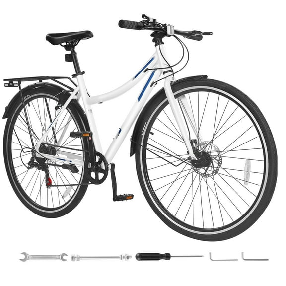 Hybrid Bike, Lightweight Aluminum Frame Bike, 700c Wheel Men and Women Hybrid Bicycle, Step-Through Adult Urban City Commuter Bikes with 7-Speed Shimano Drivetrain, Dual Brake, Adjustable Seat