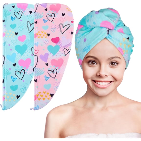 Microfiber Hair Towel Wrap for Kids 2 Pack Rapid Drying Hair Towel with Button Hair Turbans for Wet Hair Wraps Head Towel Wrap for Women and Girls