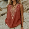 thumbnail image 3 of Women's Linen Embroidered Sleeveless V Neck Loose Tank Top Casual Blouse for Summer Layering, 3 of 8
