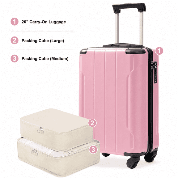 20" Carry On Luggage with 2 Packing Cubes, Hardside Spinner Suitcase with TSA Lock, Lightweight Travel Luggage, Pink