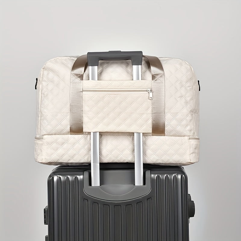 Travel Duffel Bag, Model for Women, with Wet Pocket, 1-Pack, Medium Size - Grid-beige for Overnight, Gym, Hospital Use